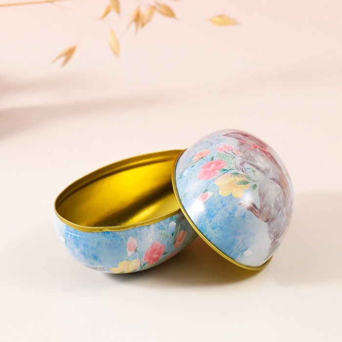 Шкатулка металл яйцо  Шкатулка металл яйцо "Пасхальный зайка с бантом в цветах" 7х6,5х11 см