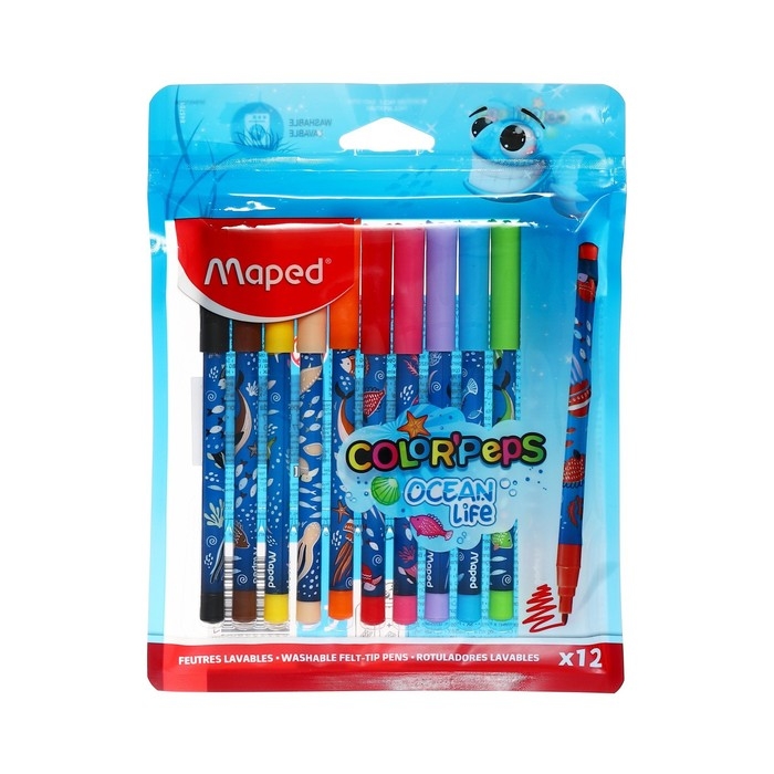 Фломастеры 12 цветов Maped COLOR'PEPS OCEAN LIFE, суперсмываемые, декорированные, европодвес Фломастеры 12 цветов Maped COLOR'PEPS OCEAN LIFE, суперсмываемые, декорированные, европодвес