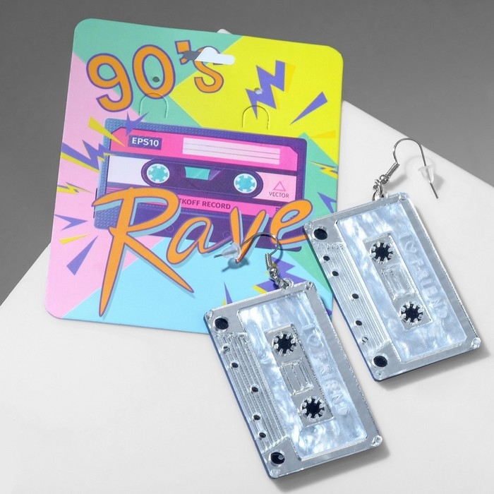 Серьги акрил &laquo;Кассета&raquo; надпись, цвет серебро
