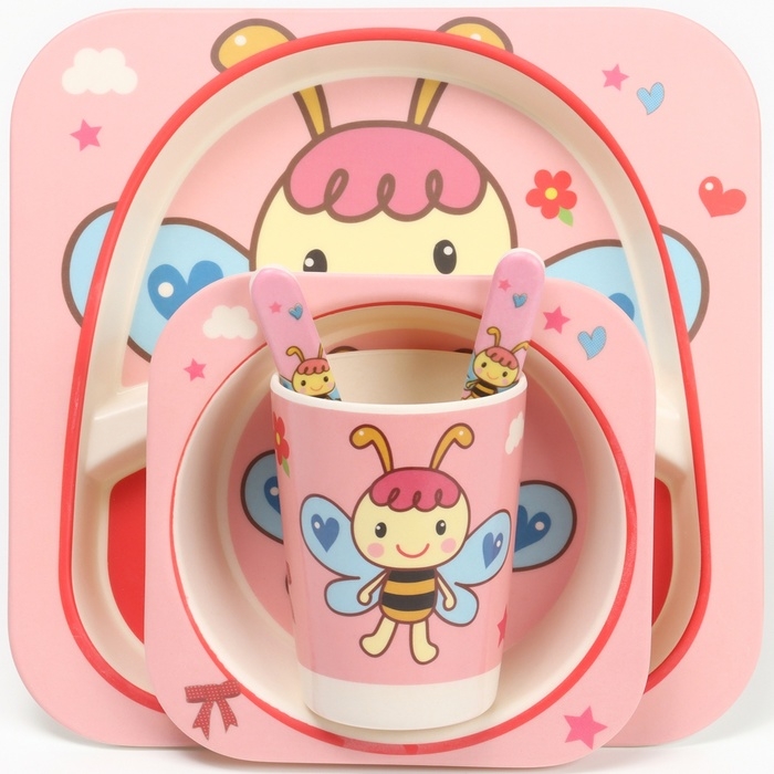 Набор бамбуковой посуды «Бабочка», 5 предметов: тарелка, миска, стакан, вилка, ложка Набор бамбуковой посуды «Бабочка», 5 предметов: тарелка, миска, стакан, вилка, ложка