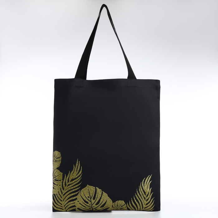 Шопер Шопер "Тропики", 35х0,5х40, принт с блестками, без подклада, чёрный