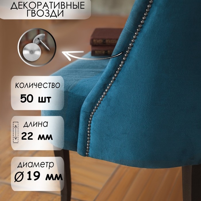 Гвозди ТУНДРА, декоративные, обивочные, 19х22 мм, хром, фасовка 50 шт Гвозди ТУНДРА, декоративные, обивочные, 19х22 мм, хром, фасовка 50 шт