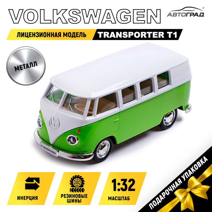 Машина металлическая VOLKSWAGEN TRANSPORTER T1, 1:32, открываются двери, инерция, цвет зелёный Машина металлическая VOLKSWAGEN TRANSPORTER T1, 1:32, открываются двери, инерция, цвет зелёный