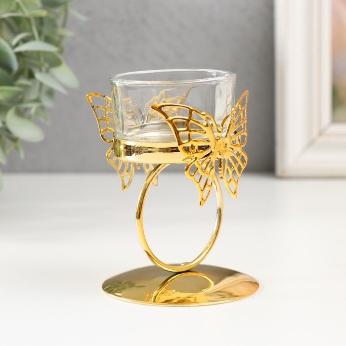 Подсвечник металл на 1 свечу Подсвечник металл на 1 свечу "Бабочка и кольцо" d=5 см золото 6,5х6,5х9,3 см
