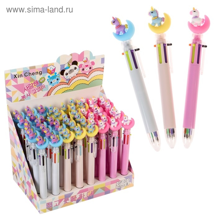 Ручка шариковая автоматическая 6-ти цветная Ручка шариковая автоматическая 6-ти цветная "Единорог на луне", МИКС