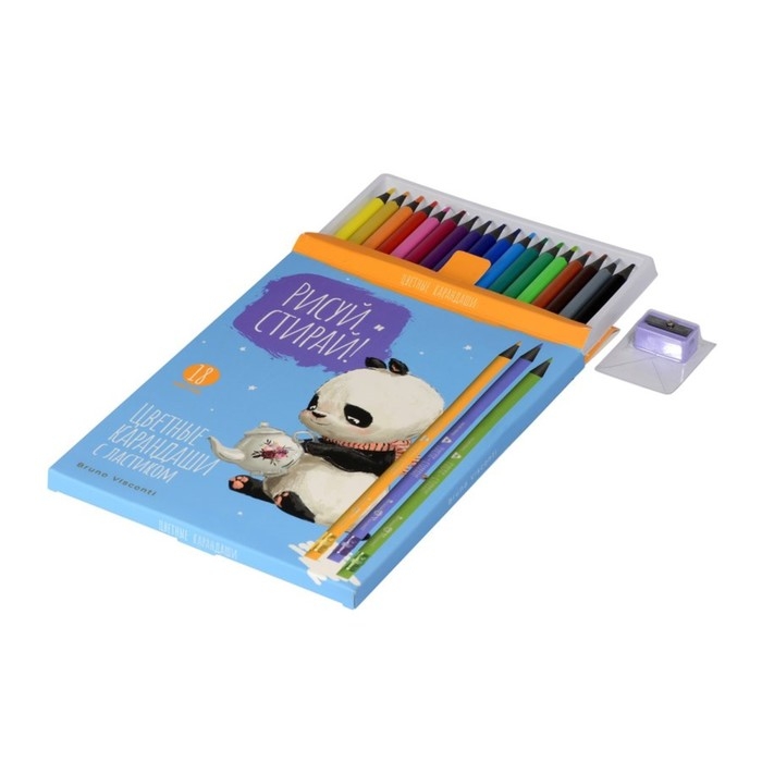 Карандаши цветные 18 цветов BrunoVisconti "РИСУЙ и СТИРАЙ", пластиковый корпус с ластиком, + точилка, МИКС