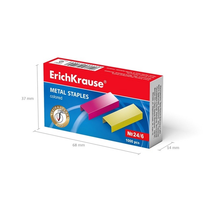 Скобы для степлера ErichKrause №24/6, цветные, 1000 штук Скобы для степлера ErichKrause №24/6, цветные, 1000 штук