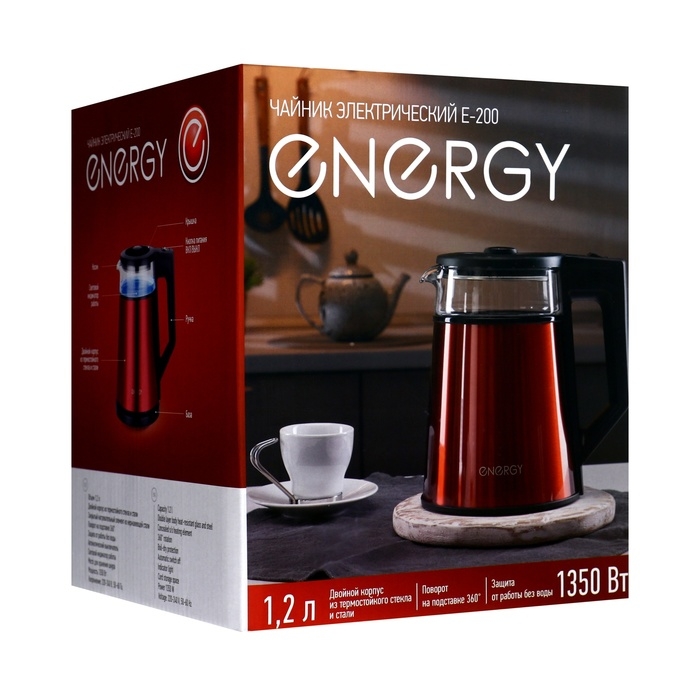 Чайник электрический Energy E-200, металл, колба стекло, 1.2 л, 1350 Вт, красный Чайник электрический Energy E-200, металл, колба стекло, 1.2 л, 1350 Вт, красный