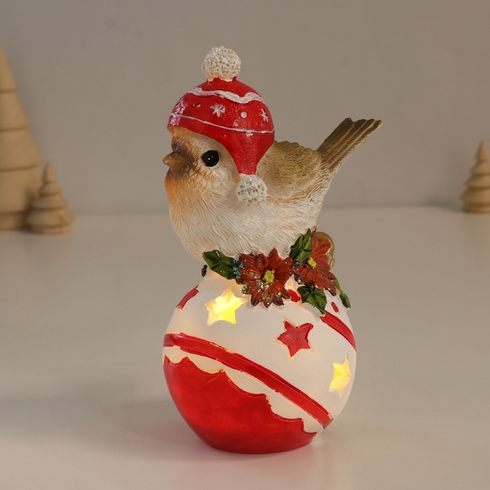 Сувенир полистоун свет Сувенир полистоун свет "Птичка в шапке с помпонами на ёлочном шарике" 7,5х9,5х15 см