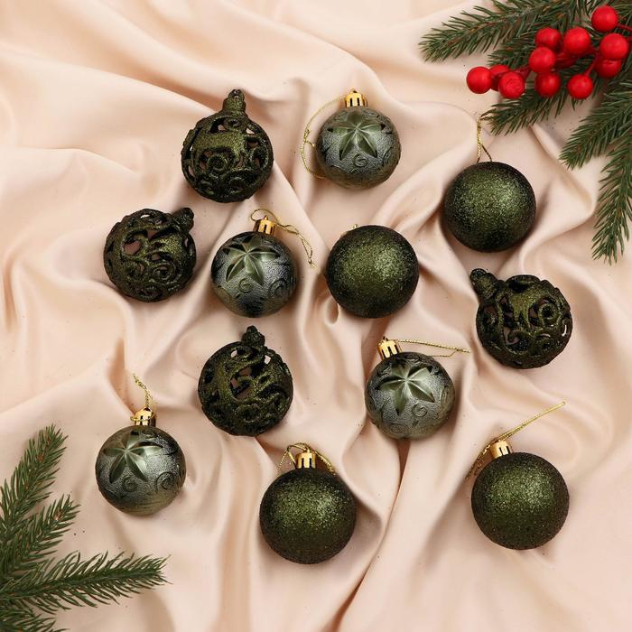 Набор шаров пластик d- 5 см, 12 шт Набор шаров пластик d- 5 см, 12 шт "Торжество" зелёный