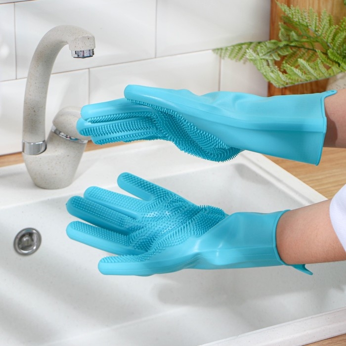 Перчатки хозяйственные Доляна, 28×14 см, силиконовые, цвет бирюзовый Перчатки хозяйственные Доляна, 28×14 см, силиконовые, цвет бирюзовый