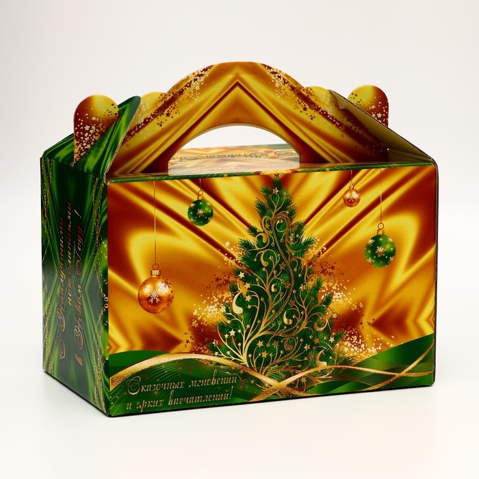 Подарочная коробка Подарочная коробка "Праздничный шелк взеленом" новогодняя Чемоданчик средний 20 x 12 x 19 см 1065302