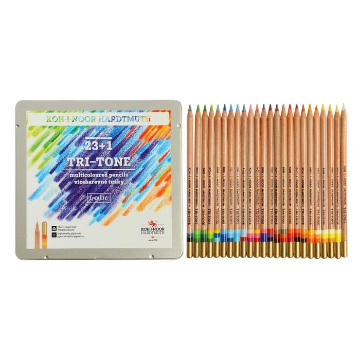 Карандаши много цвета Koh-I-Noor TRI-TONE 3444 24 штук, металлический пенал Карандаши много цвета Koh-I-Noor TRI-TONE 3444 24 штук, металлический пенал