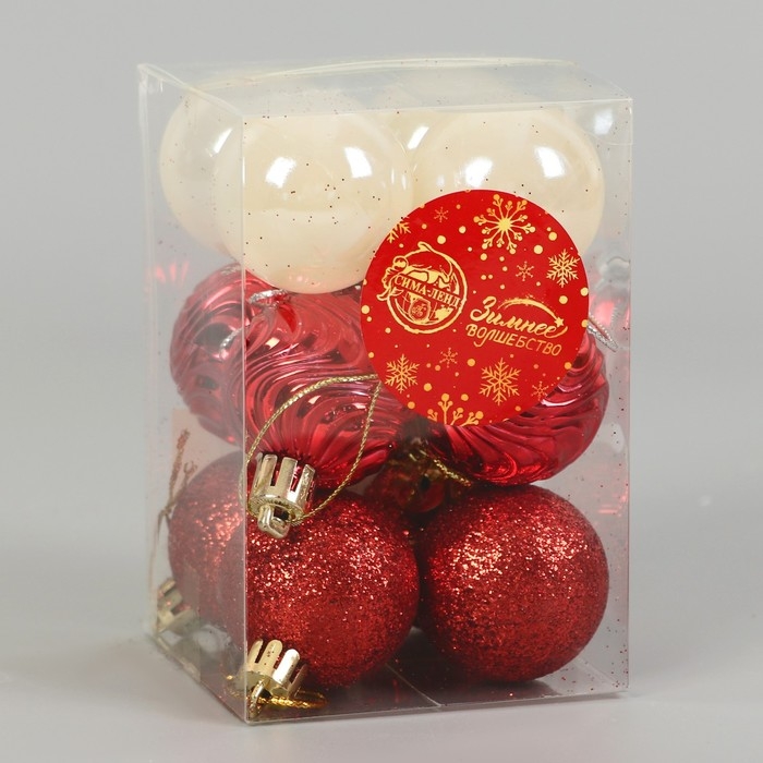 Набор шаров пластик d-4 см, 12 шт Набор шаров пластик d-4 см, 12 шт "Мелодия" волны блеск, белый красный