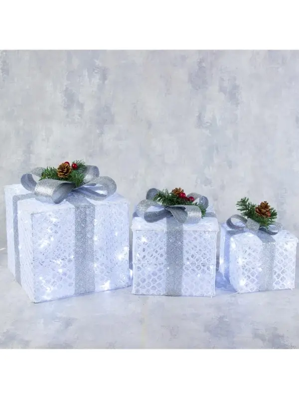 Светодиодная фигура &laquo;Подарки с серой лентой&raquo; 15, 20, 25 см, текстиль, металл, 220 В, свечение белое