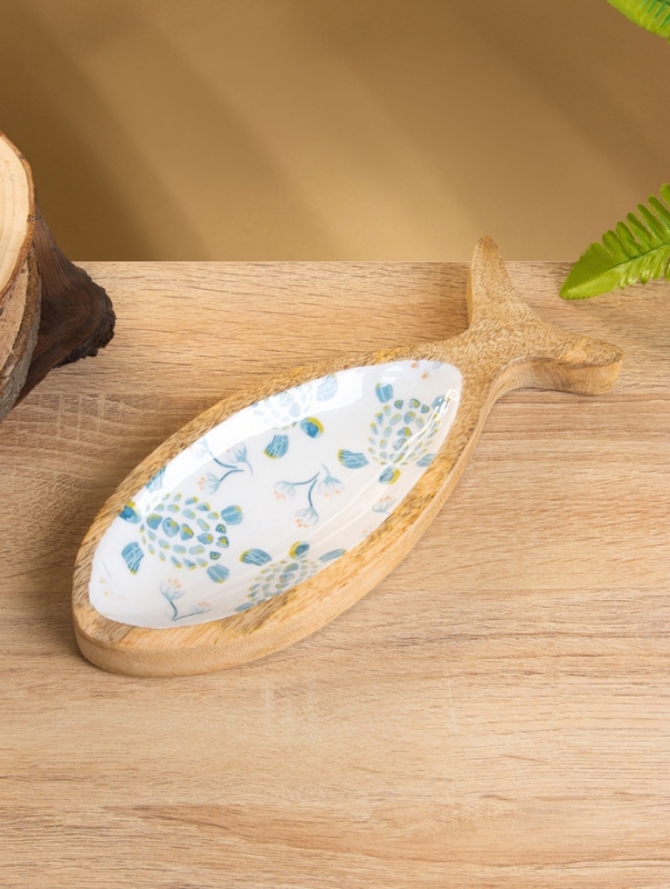 Блюдо в форме рыбки "Черепаха и цветы" дерево манго 25,5х10х2 см