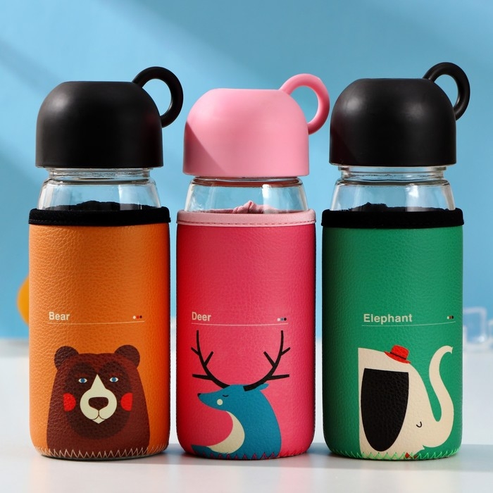 Бутылка для воды стеклянная в чехле «Лесная банда», 420 мл, h=17 см, цвет МИКС Бутылка для воды стеклянная в чехле «Лесная банда», 420 мл, h=17 см, цвет МИКС