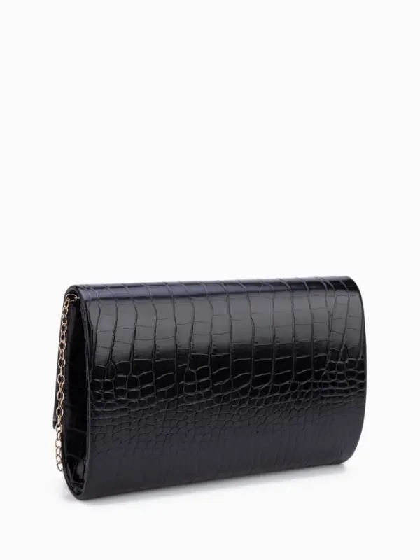Сумка-клатч женская вечерняя на магните, на цепочке, с текстурой под рептилию, чёрная