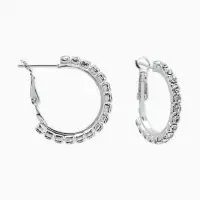 Серьги-кольца со стразами d=2.5 см, белые в серебре