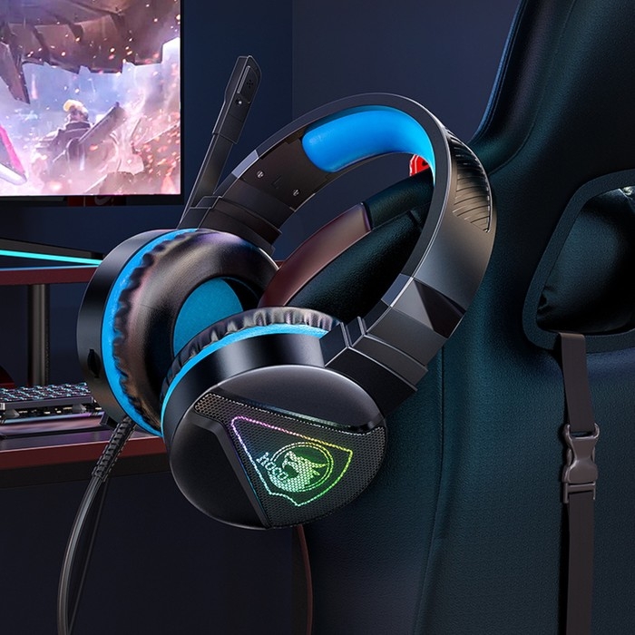 Наушники Hoco W104, игровые, накладные, микрофон, USB + 3.5 мм, 2 м, черно-синие Наушники Hoco W104, игровые, накладные, микрофон, USB + 3.5 мм, 2 м, черно-синие