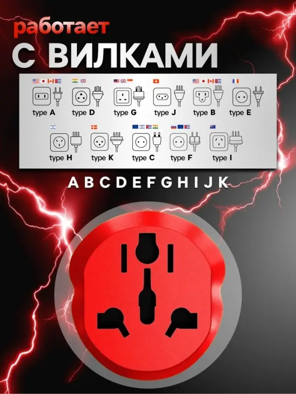 Переходник универсальный 16 А, с заземлением, 220 В, заподлицо в розетку, красный