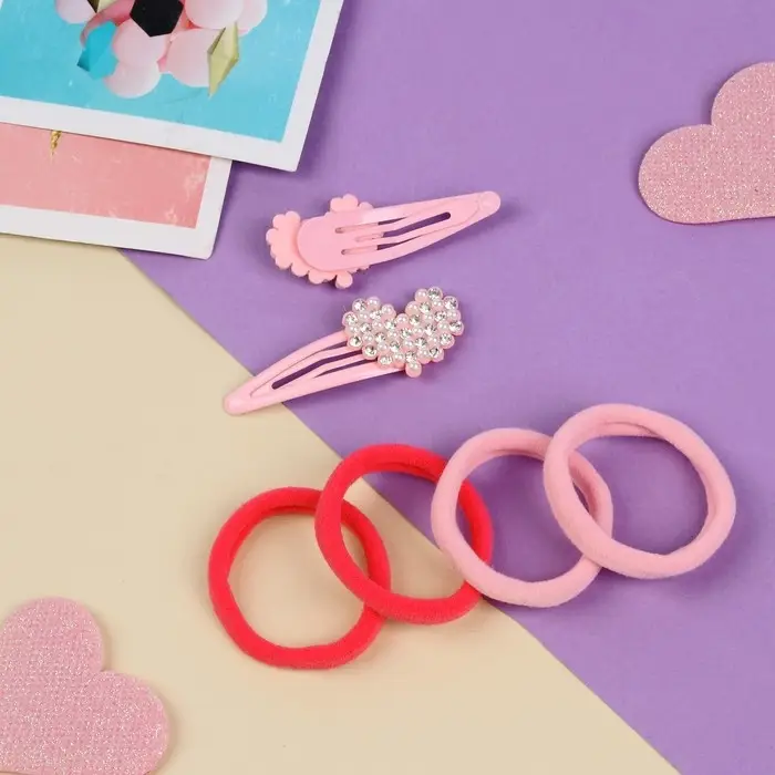 Набор для волос Набор для волос "Лили" (4 резинки 4 см, 2 невидимки 5 см) сердечки, розовый