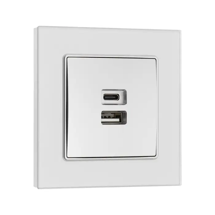 Розетка TOT Glossy Glass, 5 В, 2.1 A, разъёмы USB-A + USB-C, стекло, скрытая, серебристая