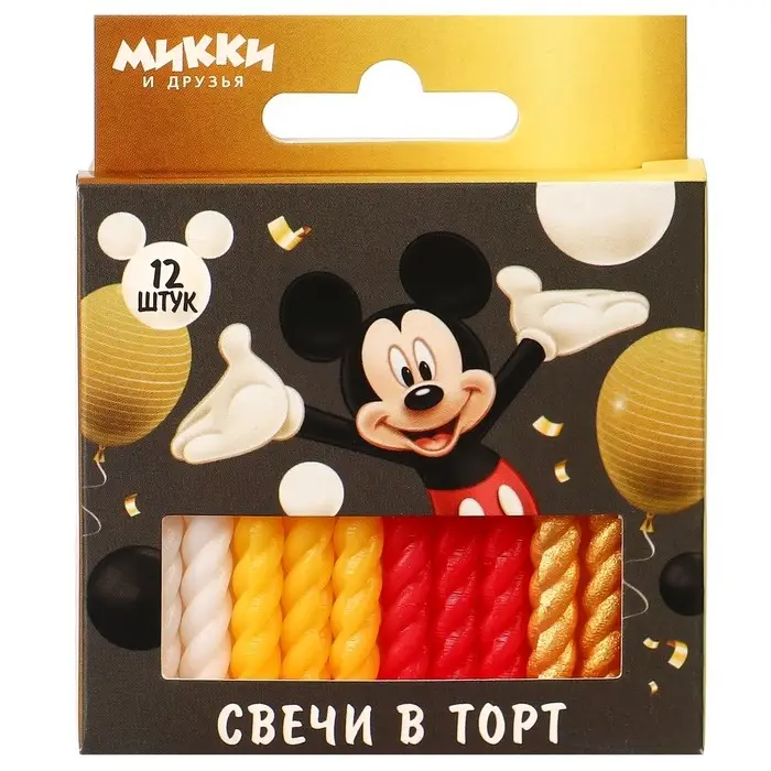 Свечи для торта витые «С Днем Рождения», 12 штук, Микки Маус Свечи для торта витые «С Днем Рождения», 12 штук, Микки Маус