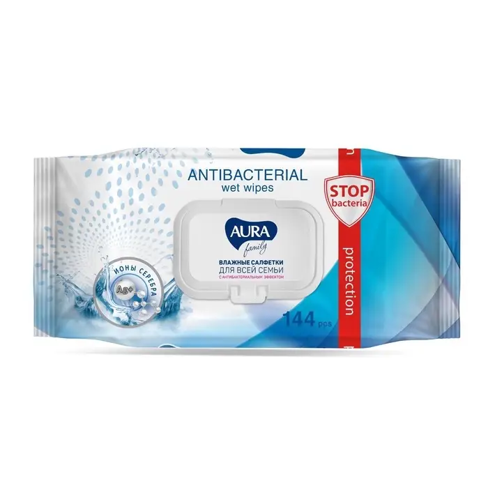 Влажные салфетки AURA FAMILY, с антибактериальным эффектом 144 шт. Влажные салфетки AURA FAMILY, с антибактериальным эффектом 144 шт.