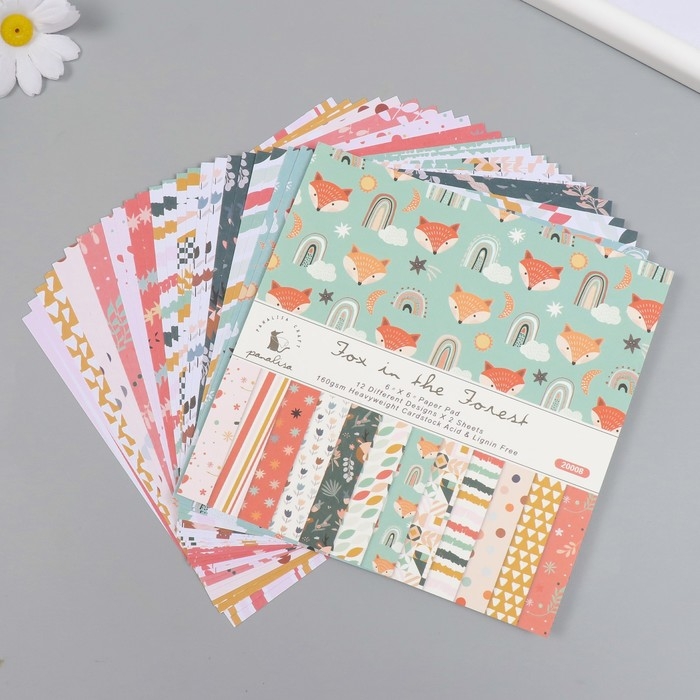 Набор бумаги для скрапбукинга 24 листа 12 дизайнов Набор бумаги для скрапбукинга 24 листа 12 дизайнов "Лиса в лесу" 160 гр 15,2х15,2 см