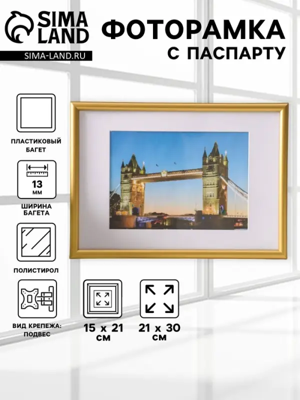 Фоторамка для фото 21&times;30 см, с паспарту 15&times;21 см, Vivo, золото