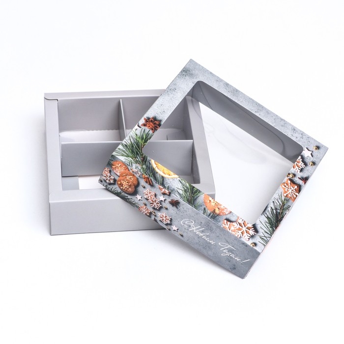 Новый год. Коробка под 4 конфеты, 12,6 х 12,6 х 3,5 "Пряный" , кондитерская упаковка