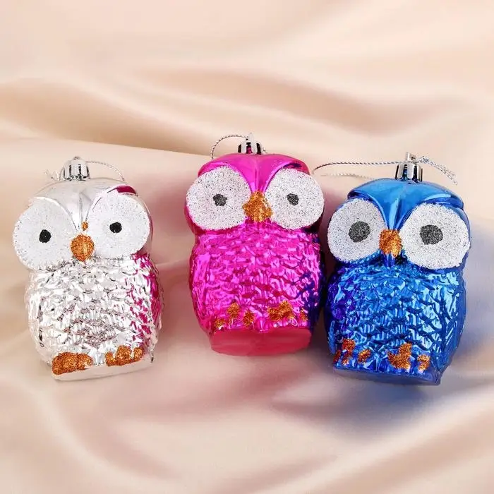 Ёлочные игрушки 3 шт. «Зимнее волшебство. Цветные совушки» пластик, 9 см, МИКС