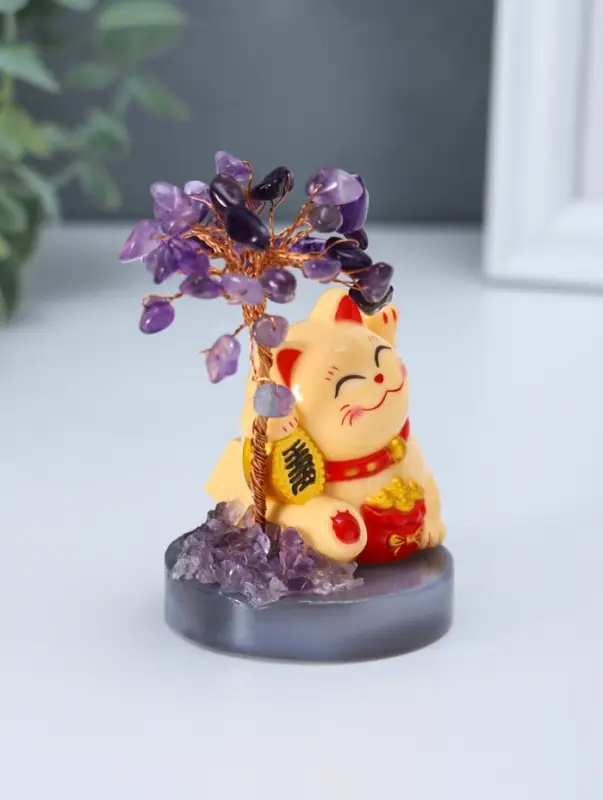 Маятник пластик "Жёлтый Манэки-нэко у дерева" 36 камней 5,5х5,5х11 см