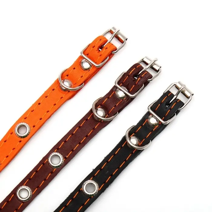 Ошейник кожаный однослойный с рифлеными люверсами, 35&times;1.2 см, ОШ 10-28 см, безразмерный, микс цветов