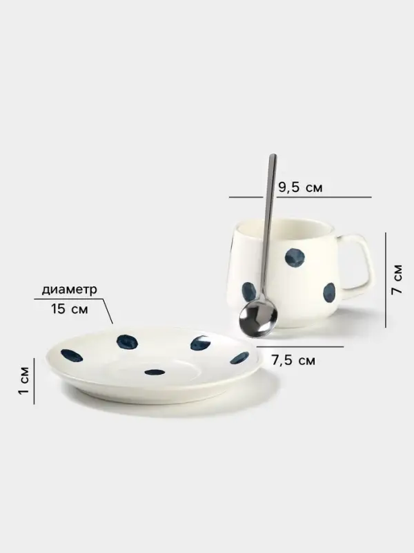 Чайная пара &laquo;Горошек&raquo;, 220 мл, с ложкой, блюдце d=15, кружка 9.5&times;7.5&times;7 см, керамика, белая
