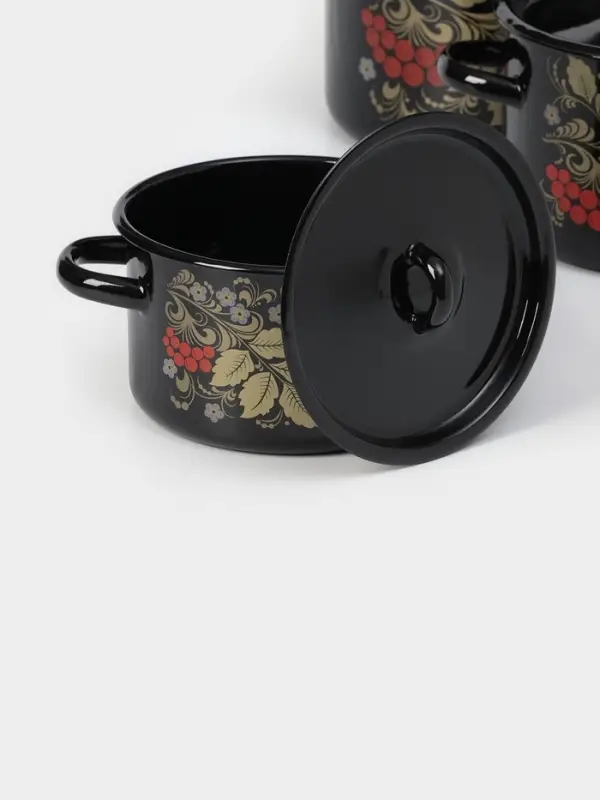 Набор кастрюль эмалированных &laquo;Рябина&raquo;, 3 предмета: 1.5 л, 2.9 л, 4.5 л, чёрный