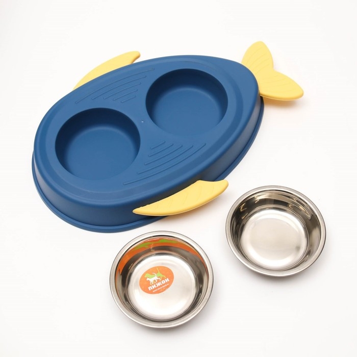 Миска металлическая двойная на пластиковом основании 2 х 160 мл, 35 х 23,5 х 5 см, синяя Миска металлическая двойная на пластиковом основании 2 х 160 мл, 35 х 23,5 х 5 см, синяя