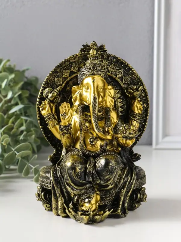 Сувенир полистоун "Ганеша в шароварах, на троне" золотая бронза 11,3х12,2х17,2 см