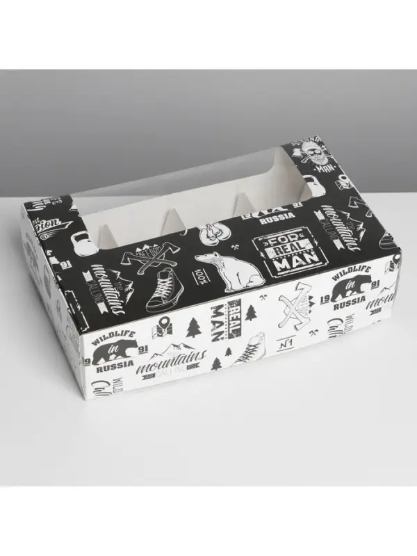 Коробка для эклеров, кондитерская упаковка, 5 вкладышей, MAN PATTERN, 25.2&times;15&times;7 см