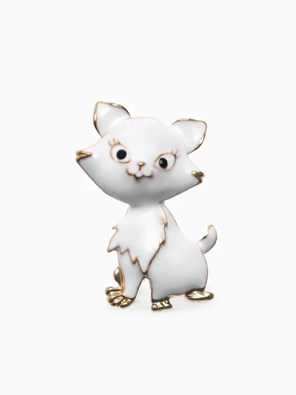 Брошь &laquo;Котенок&raquo;, взъерошенный, белая в золоте