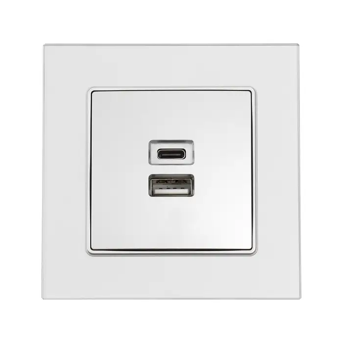 Розетка TOT Glossy Glass, 5 В, 2.1 A, разъёмы USB-A + USB-C, стекло, скрытая, серебристая