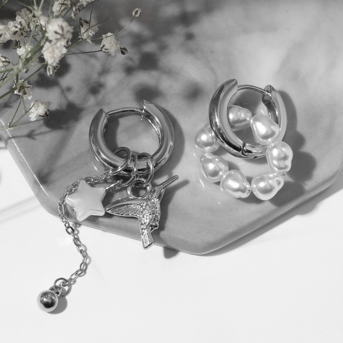 Серьги со съёмным элементом «Трансформер» птица, цвет белый в серебре Серьги со съёмным элементом «Трансформер» птица, цвет белый в серебре