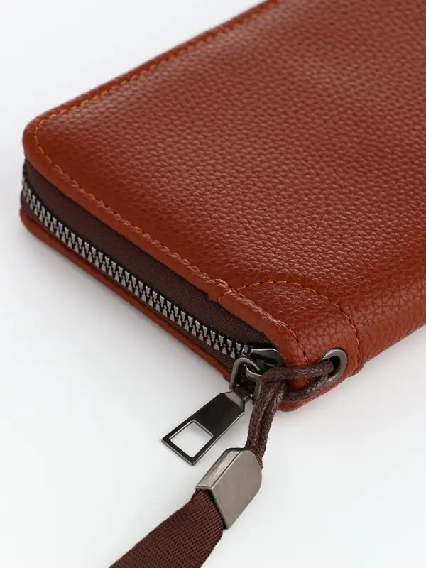 Портмоне мужское на молнии, 3 отделения, искусственная кожа, с ручкой, коричневое