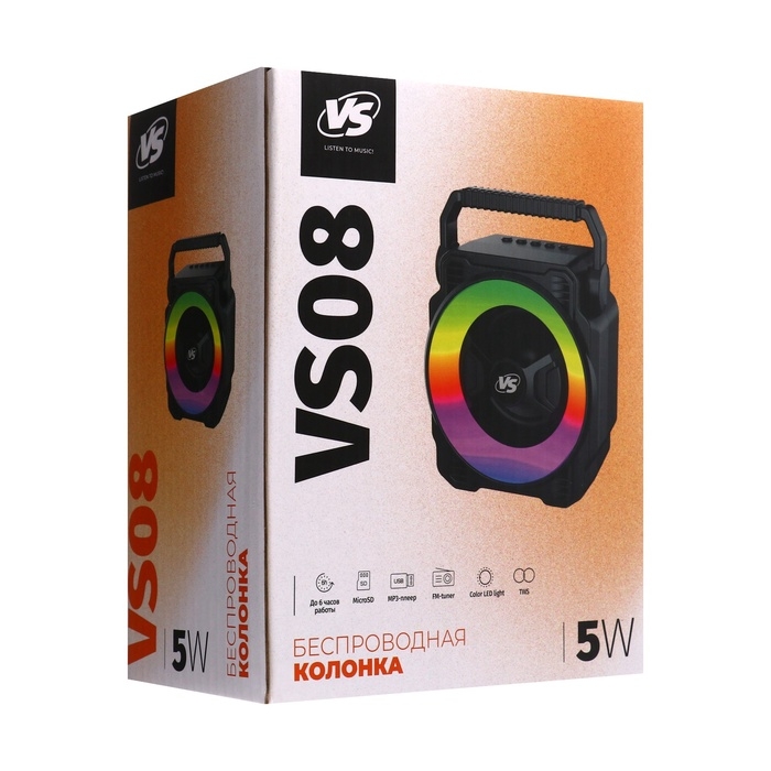 Портативная колонка VS08 LED, 5Вт, 1200мАч, FM, MP3, USB, microSD, TWS черная Портативная колонка VS08 LED, 5Вт, 1200мАч, FM, MP3, USB, microSD, TWS черная