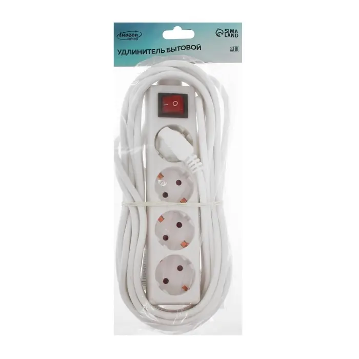 Удлинитель Luazon Lighting, 4 розетки, 7 м, 10 А, 2200 Вт, 3&times;0.75 мм2, с заземлением, с выключателем, белый