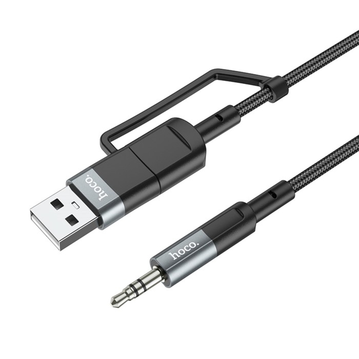 Кабель Hoco UPA23, 2 в 1, Type-C+USB - Jack 3.5 мм (m), 1 м, нейлон, серый Кабель Hoco UPA23, 2 в 1, Type-C+USB - Jack 3.5 мм (m), 1 м, нейлон, серый