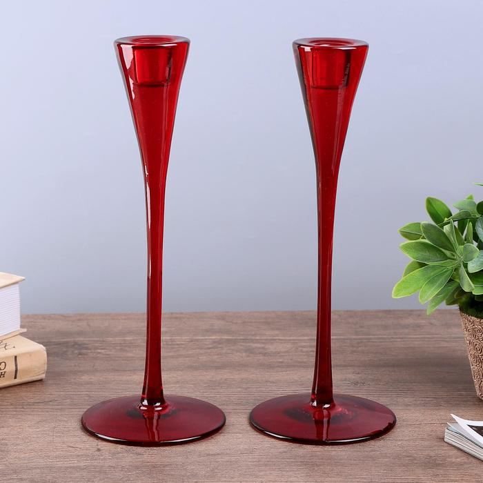Подсвечник стекло "Узкий бокал" красный набор 2 шт 28,5х10,5х10,5 см