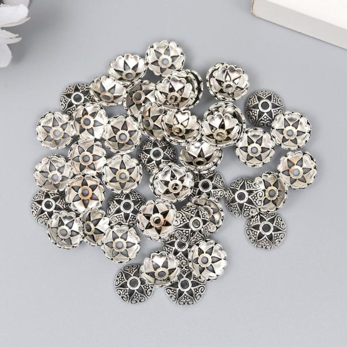 Декор шляпка для бусин "Цветок-полукруг" серебро 0,8х0,8 см набор 50 шт