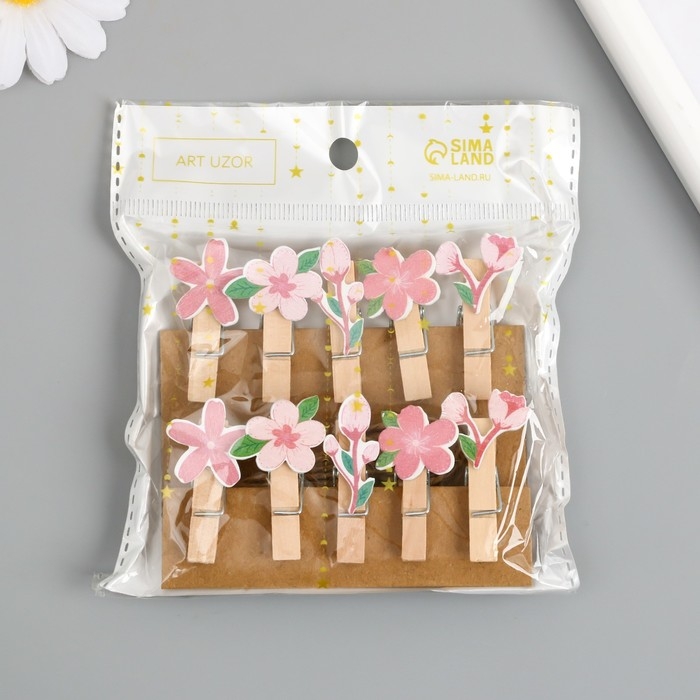 Декор для творчества дерево "Прищепка. Розовые цветы" набор 10 шт 4х2,4х1,2 см
